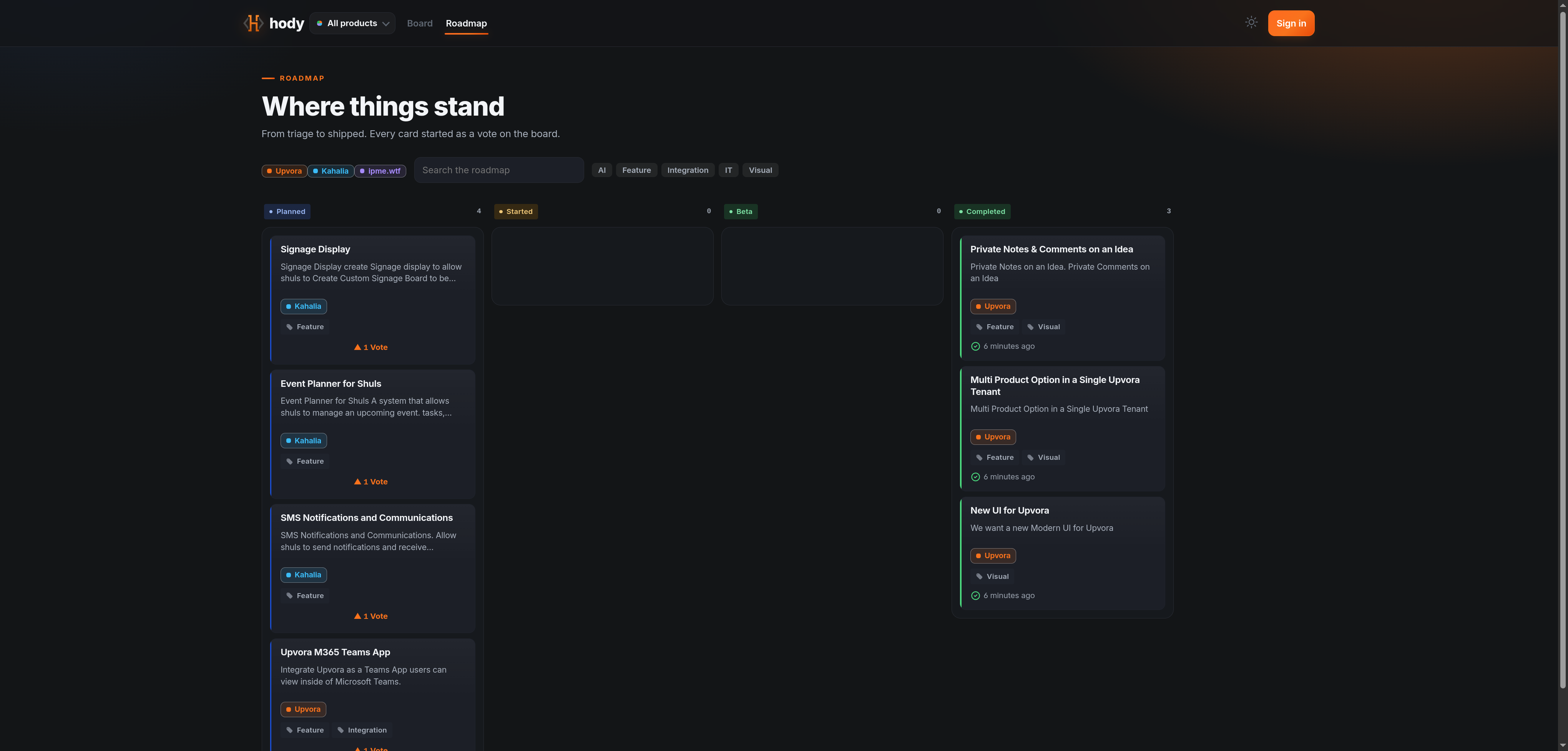 The Upvora public roadmap in dark mode